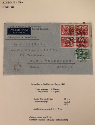 1941 Amsterdam Netherlands Censored Airmail Cover To San Francisco Ca Usa
