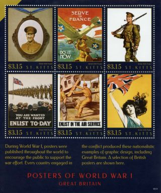 St Kitts 2015 Mnh Wwi Ww1 Posters Of World War I Great Britain 6v M/s Stamps