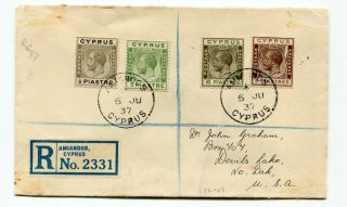 Cyprus 1937 Amiandos Cds - Registered Cover To Devils Lake Nd Usa - Back Damage