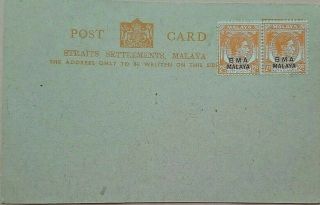 Malaya Pre Ww2 Straits Settlements Postal Stationery Card With Bma Stamps