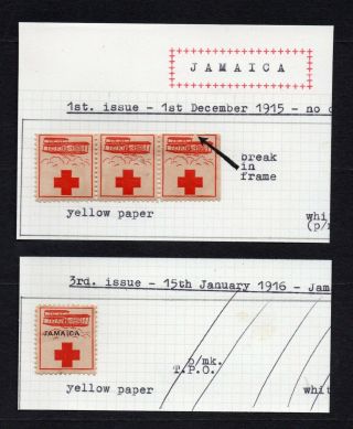 1915 Jamaica Red Cross Mm/mh Labels - Single & Strip Of 3 With Frame Break