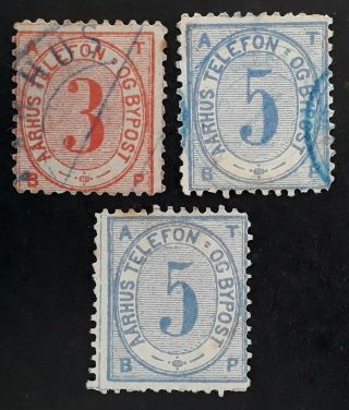 Rare 1884 - Denmark Lof Of 3 Aarhus Bypost Stamps /
