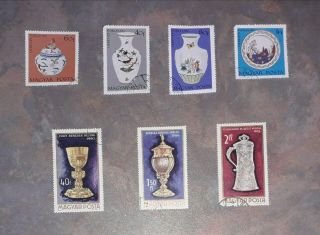 Set Of 7 X Ceramic / Silverware Hungarian (magyar Posta) 1970s Postage Stamps