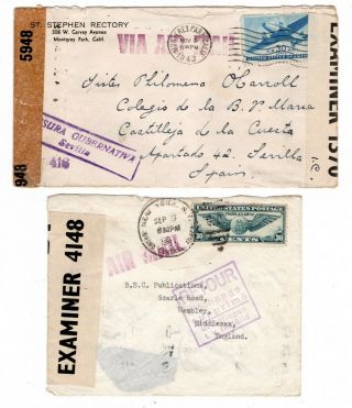 1941/43 Usa Via Bermuda (censor) To Sweden (1) / Spain (1) Unusual Airmail Cover