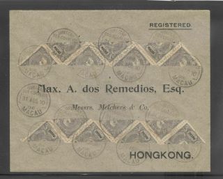 Macao Macao China 1910 Very Unusual Bisect On Registered Cover To Hong Kong 2