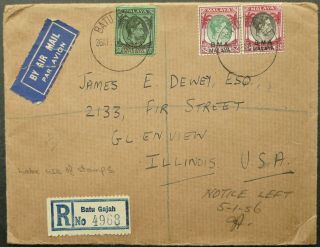 Bma Malaya Kgvi 26 Apr 1956 Regist Airmail Cover From Baju Gaja To Illinois,  Usa