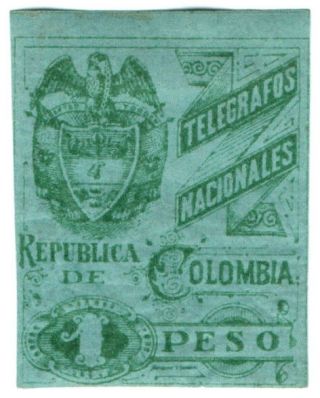 (i.  B) Colombia Telegraphs : 1p Green On Green (1896)
