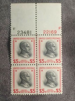 Scott Us 834 1938 $5 Center Line Plate Block Of 4 Stamps Mnh
