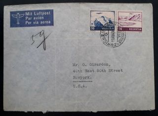 Rare 1938 Switzerland Cover Ties 2 Airmail Stamps Cancelled Zurich To Usa