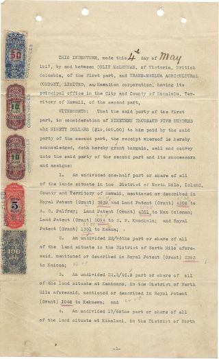 Hawaii Official Document With 5 Revenue Stamps