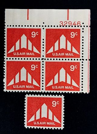 Us Stamps,  Scott C77 9c 1971 Airmail Plate Block And Single Xf/superb M/nh