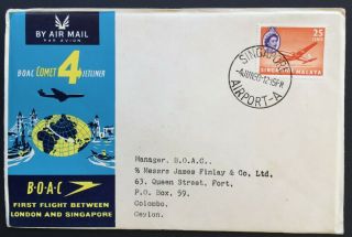 1959 Boac First Flight London To Singapore Air Mail Cover Malaya To Ceylon