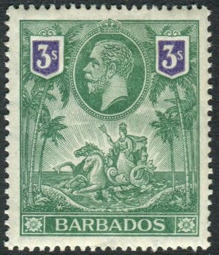Barbados - 1912 3/ - Green & Violet.  A Mounted Example Sg 180