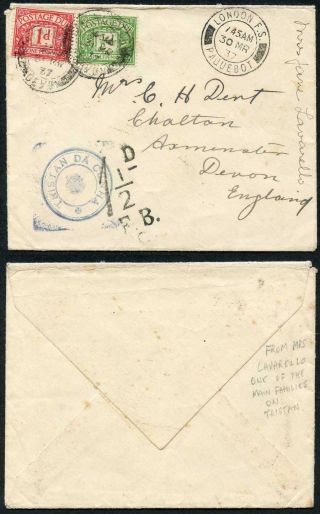 Tristan Da Cunha Sgc6 Cover To Uk Blue Cachet Type V Post Due Applied On Arrival