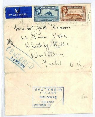 Gibraltar Gb Yorks Airmail Cover Censor 1939 Ww2{samwells - Covers} Cw195