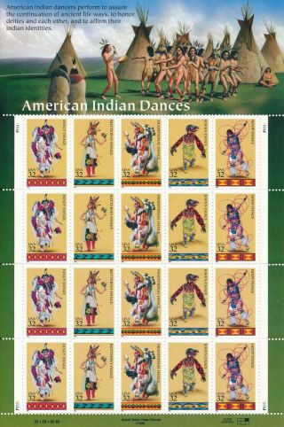 Scott 3072 - 3076 Us Full Sheet Of 20 American Indian Dances 32 Cent Stamps Mnh