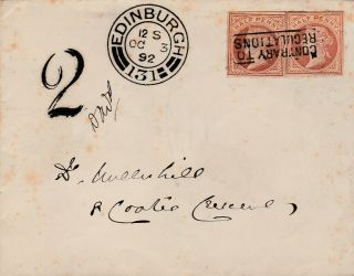 Gb Edinburgh Qv Half D Postcard Cutouts Contrary To Regulations Postage Due 1892