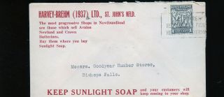 1937 Newfoundland Advertising Slogan Cover Harvey - Brehm Sunlight Soap Co721