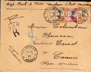 Indo - China 1927 Registered Airmail Cover To France