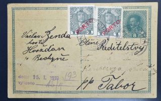 Czechoslovakia Austria 1919 Unusual Tax/porto Card Hoozdan Via Bechyne To,  Cssr
