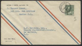 1928 Quebec To La Malbaie,  Post Office Air Mail Envelope,  Tanner Green