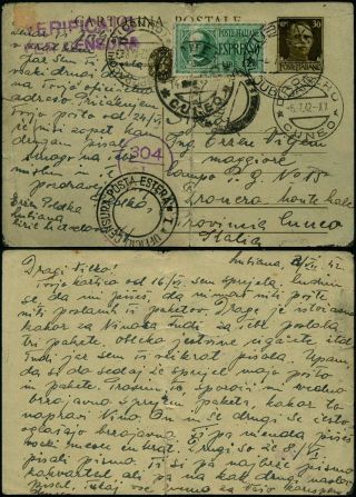 B485 Italy Express Censored Postcard Stationery Lubiana Slovenia Dronero 1942