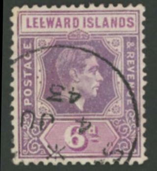 Leeward Islands - 1942 6d Deep Purple Broken " E " Very Fine.  Sg109ab.  Cat.  £400