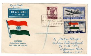 1948 India To Gb Illustrated Registered First Flight Cover.