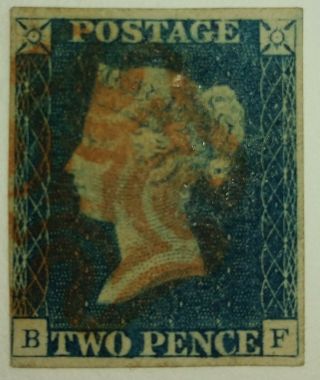 Gb Qv 1840 Sg 5 2d Blue Bf Plate 1 With Four Margins Red Mx But With Thin