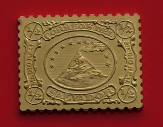 Modern Gold Plated 9g Silver Stamp Ingot El Salvador San Miguel Volcano 1/2 Real