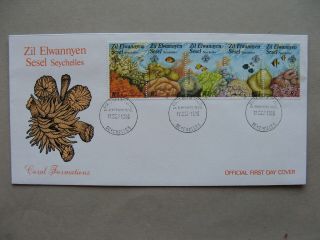 Seychelles,  Cover Fdc 1986,  Strip Of 5,  Coral Fish