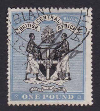 British Central Africa.  Sg 40,  £1 Black & Blue.  Wmk Cc Sideways.  Good.
