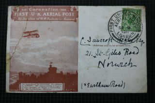 1911 First Uk Aerial Post Kgv Coronation Postcard London - Norwich A95 Rair4