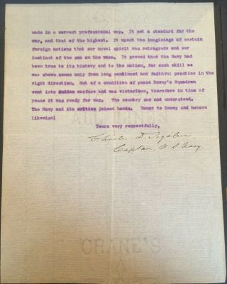 Spanish American War Typed Letter From Admiral Sigsbee Re Battle Of Manila Bay
