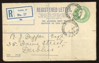 Ireland - 1922 - 5p Green Registered Stationery Envelope From Dublin To Dublin