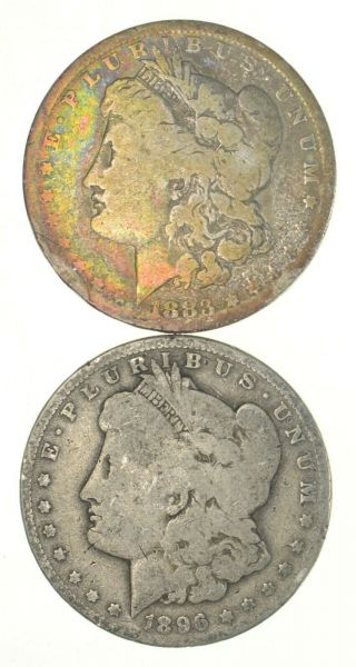 (2) Bullion Grade Morgan Silver Dollars 1883 - O & 1896 - O 90 Silver $1 Coins 824