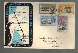 1957 Falkland Islands Cover 1l34 To 1l37 Fdc Trans Antarctic Expedition To Uk