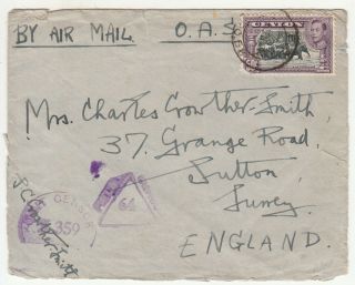 Ceylon: Gvi Censored Cover; Lieut Crowther - Smith,  Colombo,  To Sutton,  8 Jul 1944
