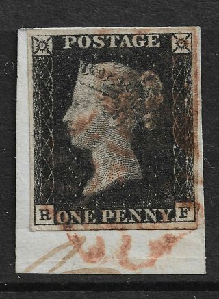 Gb Qv 1840 1d Penny Black,  Plate7 Rf 4 Margins On Piece With Brownish Mc