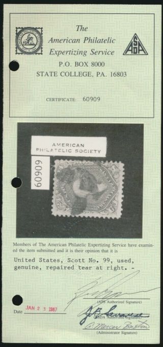 drbobstamps US Scott 99 Scarce Stamp w/APS Cert SCV $1500 3