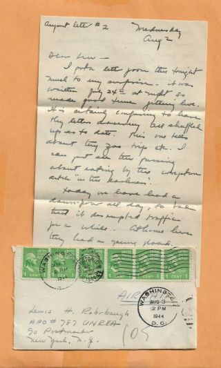 World War Ii U.  S Military Cover A.  P.  O 787 Aug 1944 Washington Dc With Letter