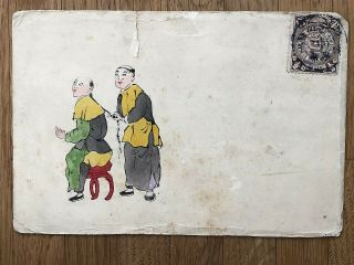 China Old Postcard Hand Painted Chinese Men Braiding Hair Yunnan To Tonkin