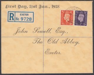 1938 Kgvi Definitives Registered Fdc; Registered / Exeter Oval To The Old Abbey