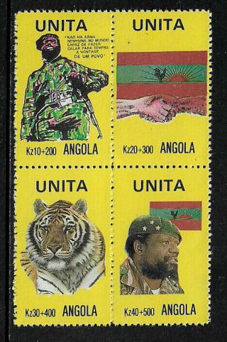 Angola 1986 Rebel Issue Mnh Block Of 4 - Unita - Solders - Flag - Tiger
