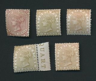 India Stamps 1876 Qv 6a Shades & 12a,  Sg 80/82,  Og Inc Mnh With Selvage Vf