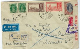 India 1939 Registered Censored Airmail Cover Bombay To Sumatra Netherland Indies