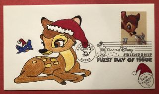 Bambi 2004 Fdc First Day Cover Hand Drawn Cachet Santa Hat Christmas 1/1
