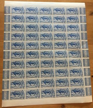 Complete Sheet Of 50 Cameroun Stamps.  40 Cent Blue Zebu & Herdsman 1946.