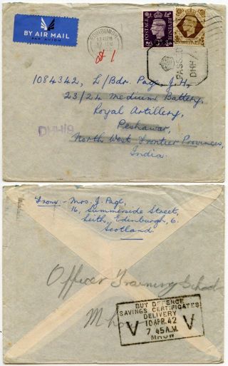 Ww2 Censored Gb To Peshawar India Airmail 1s,  3d Mhow Slogan Boxed 1942
