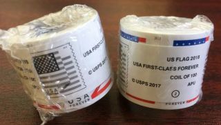 200 (2 Rolls Of 100) Usps Forever Stamps Us Flag Coil - First Class Postage
